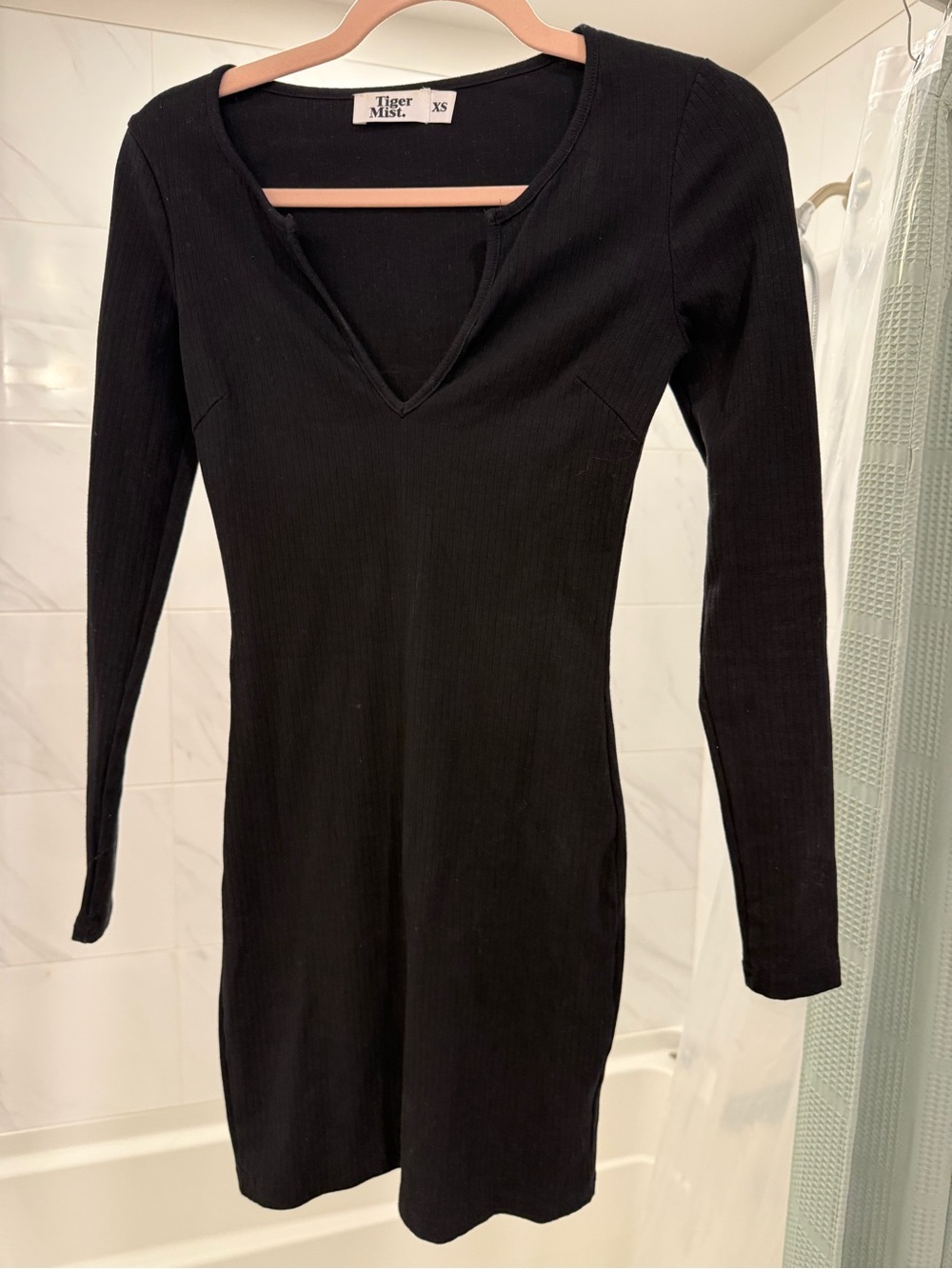Tiger Mist Black Ribbed Long Sleeve V-Neck Mini Dress